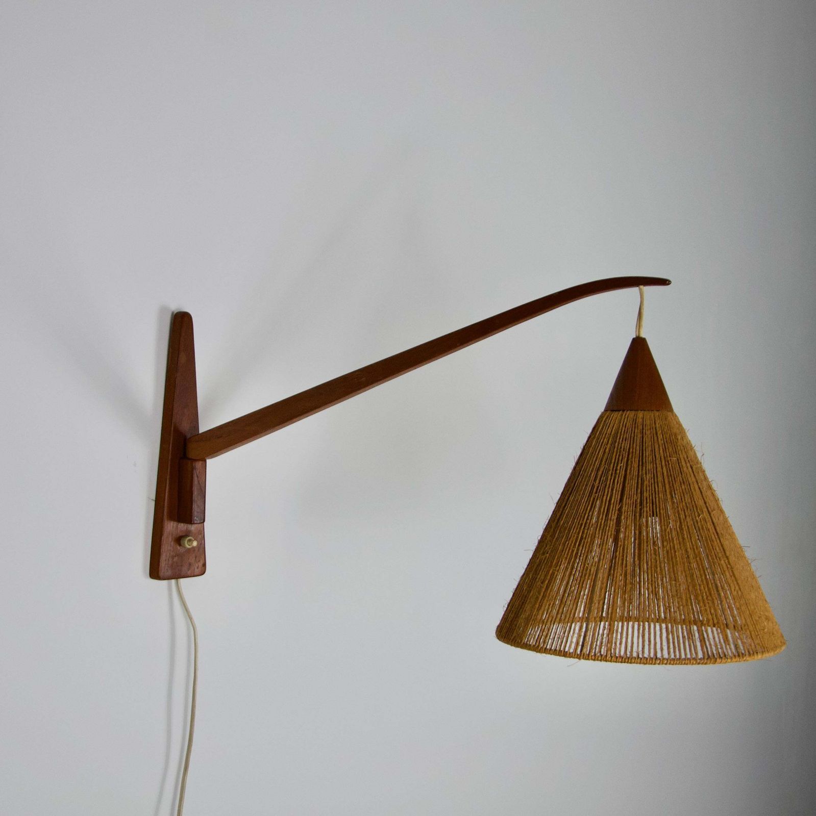 Mid Century Teak And Rattan Swing Arm Wall Lamp By Temde, Swiss, 1960s photo Lighting