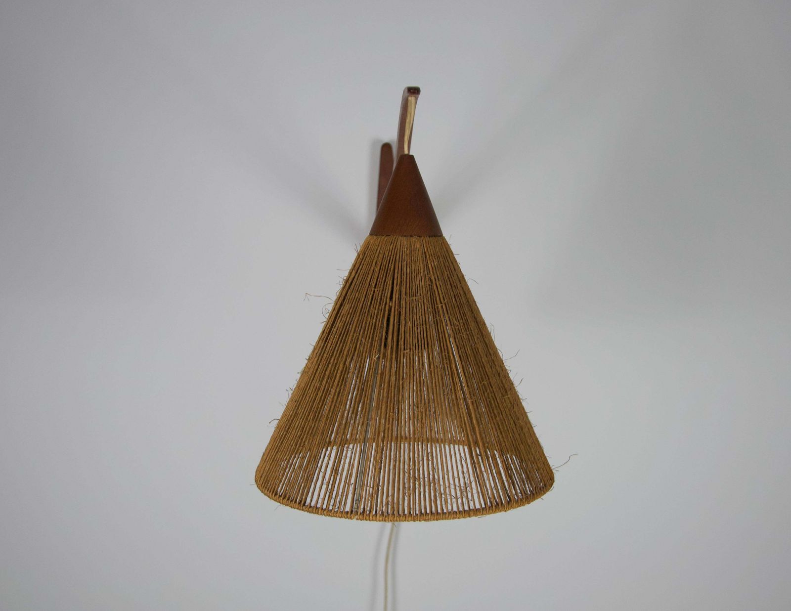 Mid Century Teak And Rattan Swing Arm Wall Lamp By Temde, Swiss, 1960s photo vinterior