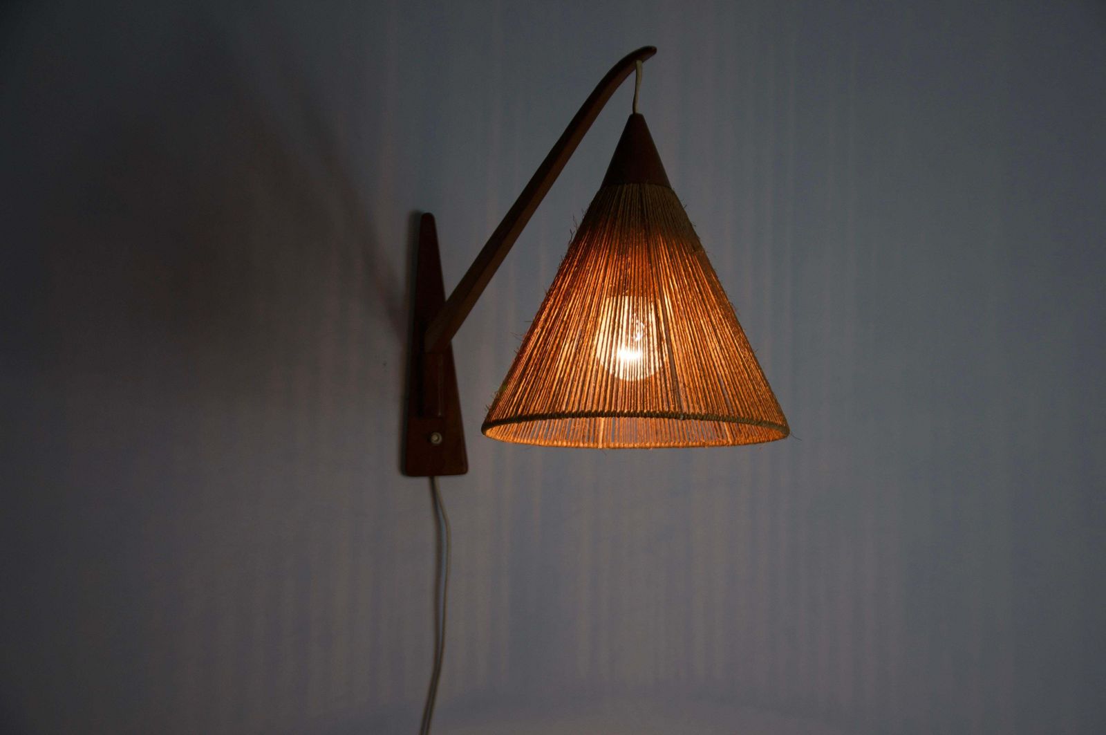 photo furniture Mid Century Teak And Rattan Swing Arm Wall Lamp By Temde, Swiss, 1960s