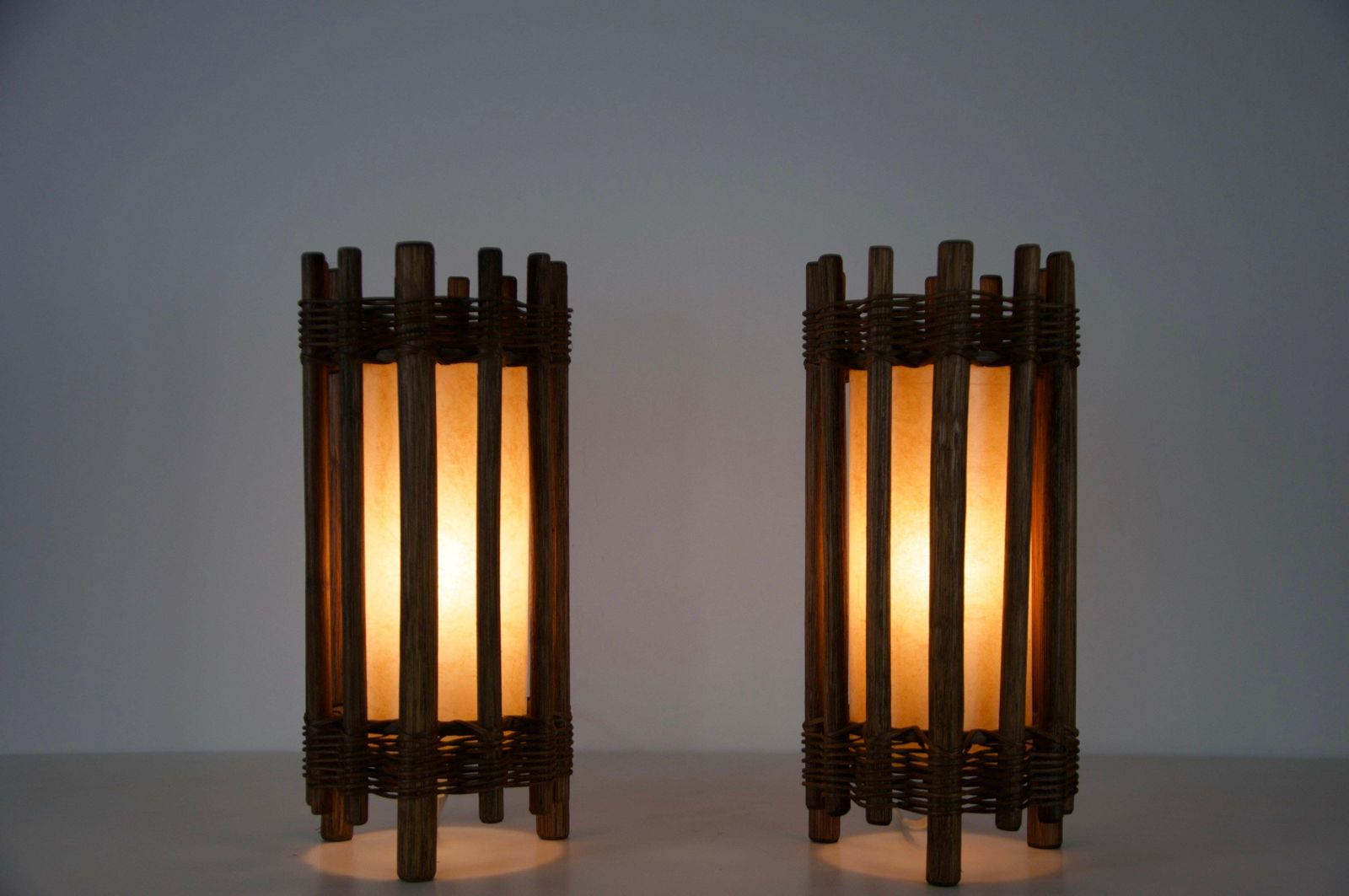 photo buy Pair Of Midcentury Wooden Table Lamps In The Style Of Temde, Circa 1970