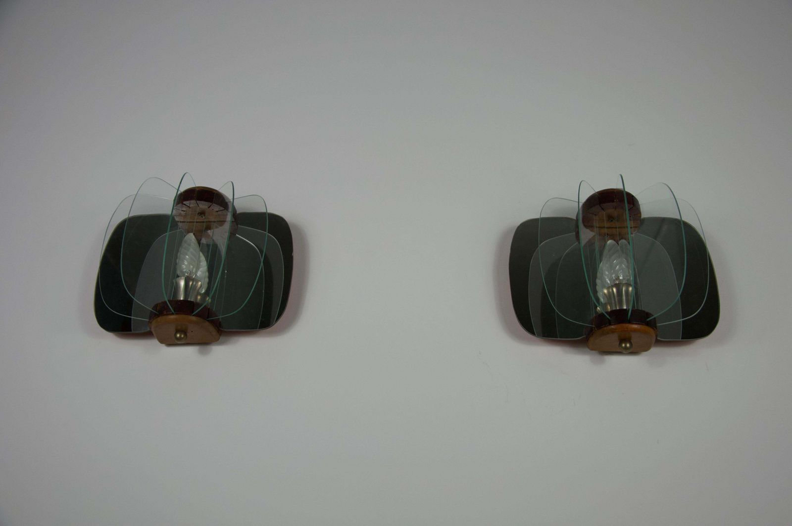 Pair Of Wooden And Glass Wall Lamps, Italy, 1960s photo for sale