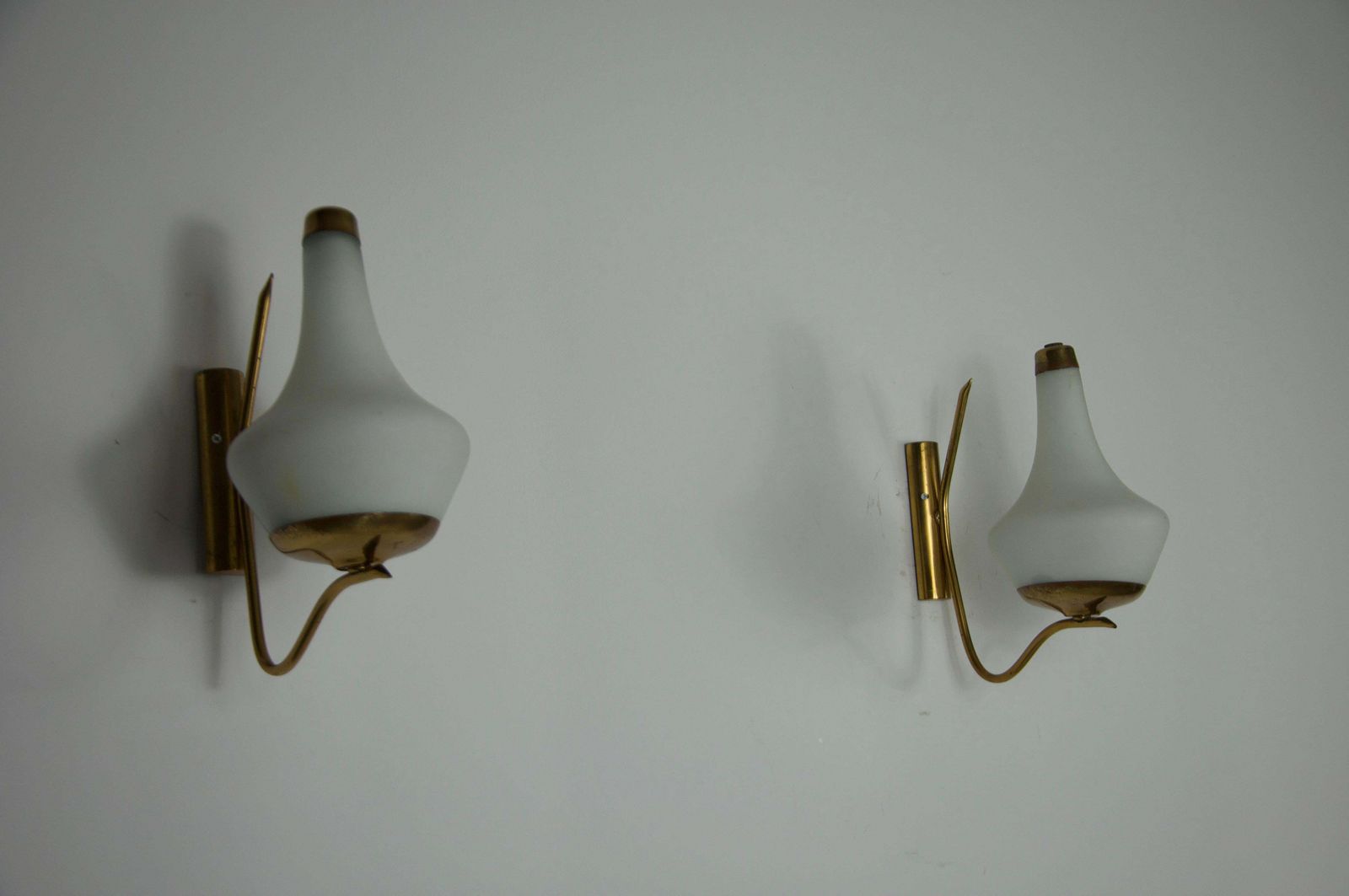 photo for sale Pair Of Brass And Opaline Wall Lamps By Stilnovo, Italy, 1960s