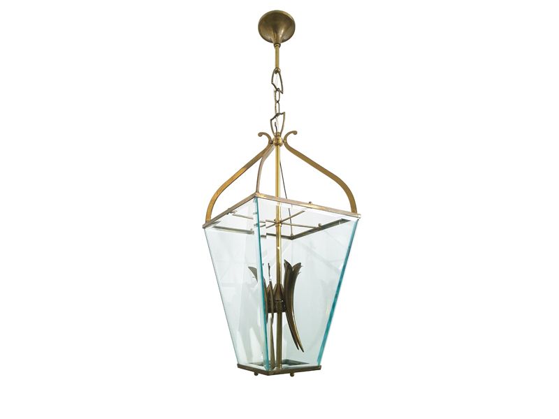 Mid Century Italian Faceted Glass & Brass Pendant In The Style Of G. Ulrich, 1940s photo for sale