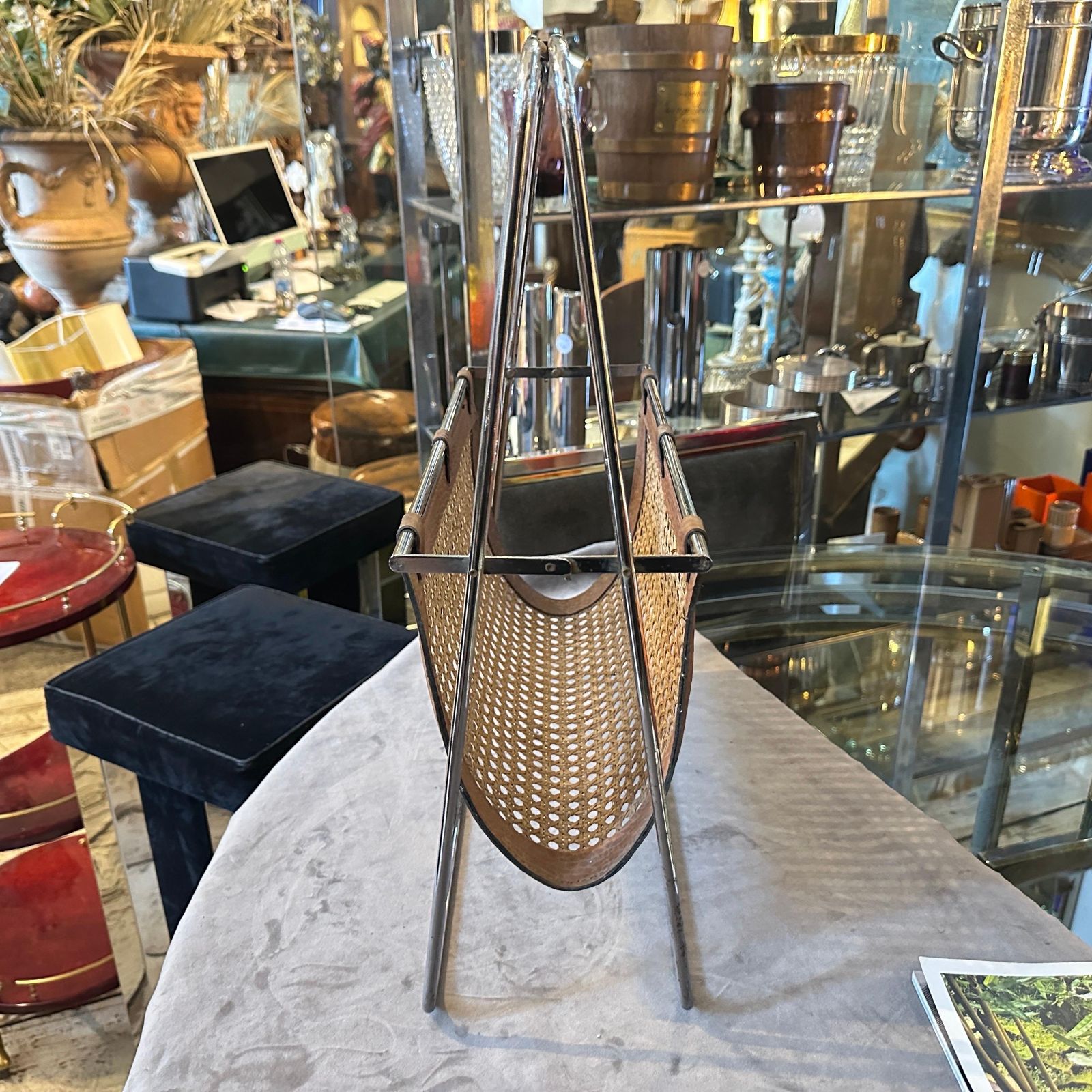 1970s Mid Century Modern Steel, Leather And Wicker Italian Magazine Stand photo vintage