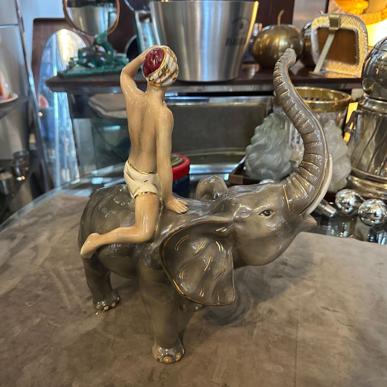 1950s Orientalist Ceramic Italian Figure Of A Boy On An Elephant By Sica photo vintage