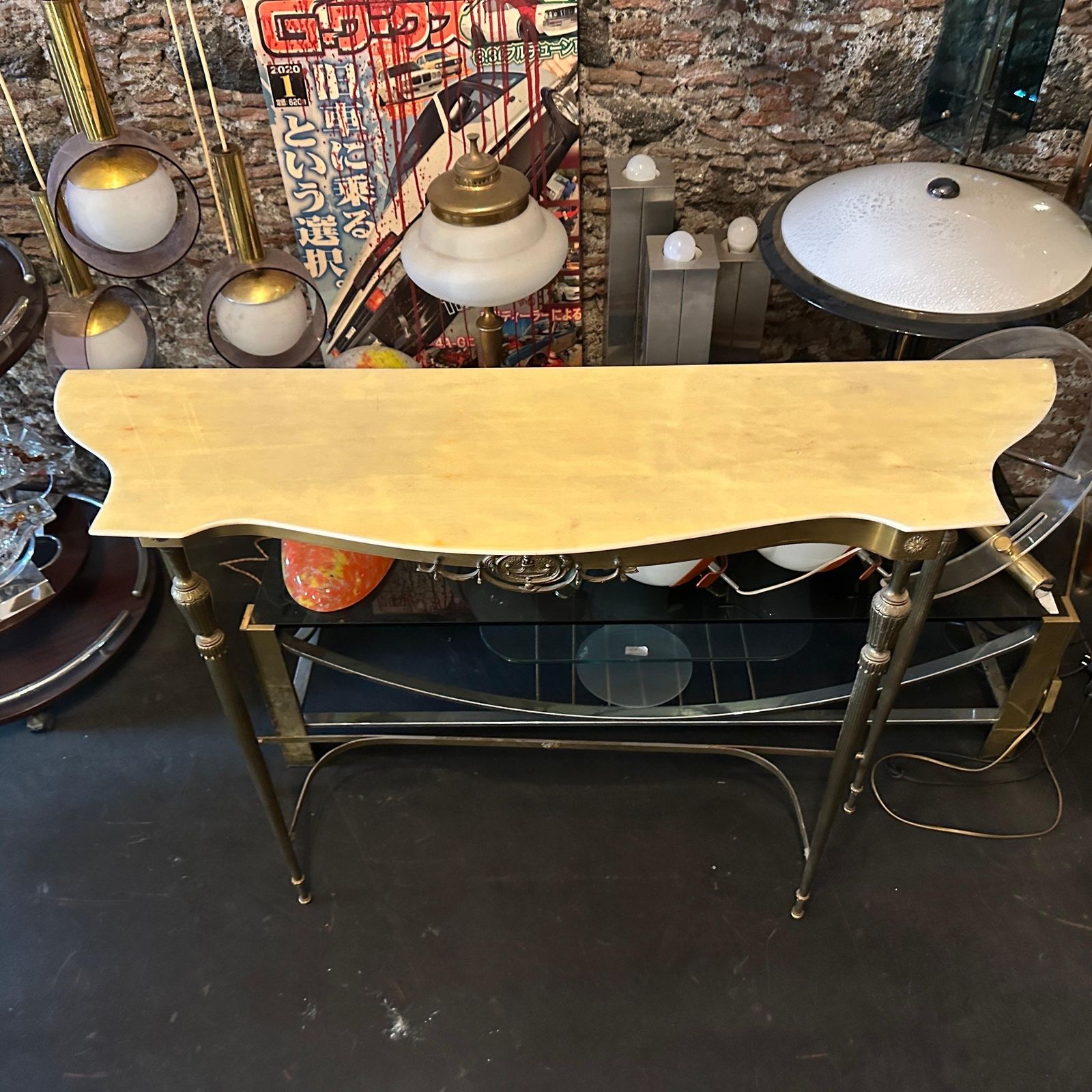 1950s Mid Century Modern Brass And Marble Italian Console Table photo furniture