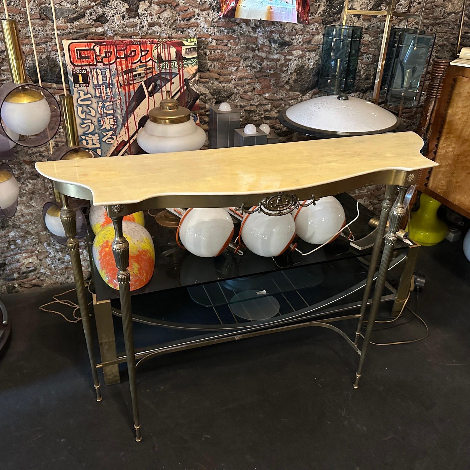 photo furniture 1950s Mid Century Modern Brass And Marble Italian Console Table