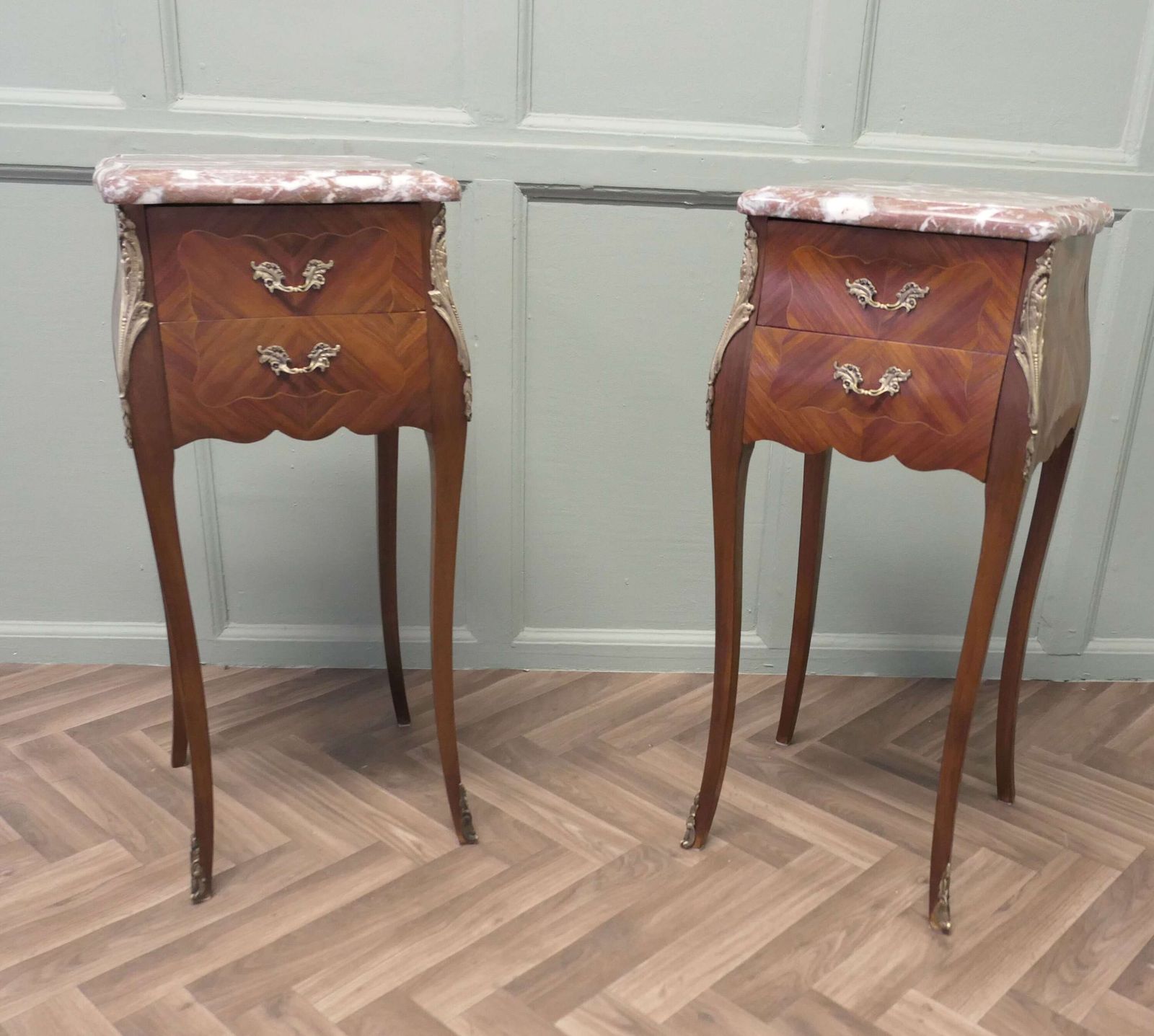 A Pair Of French Bombe Style Bedside Tables photo furniture