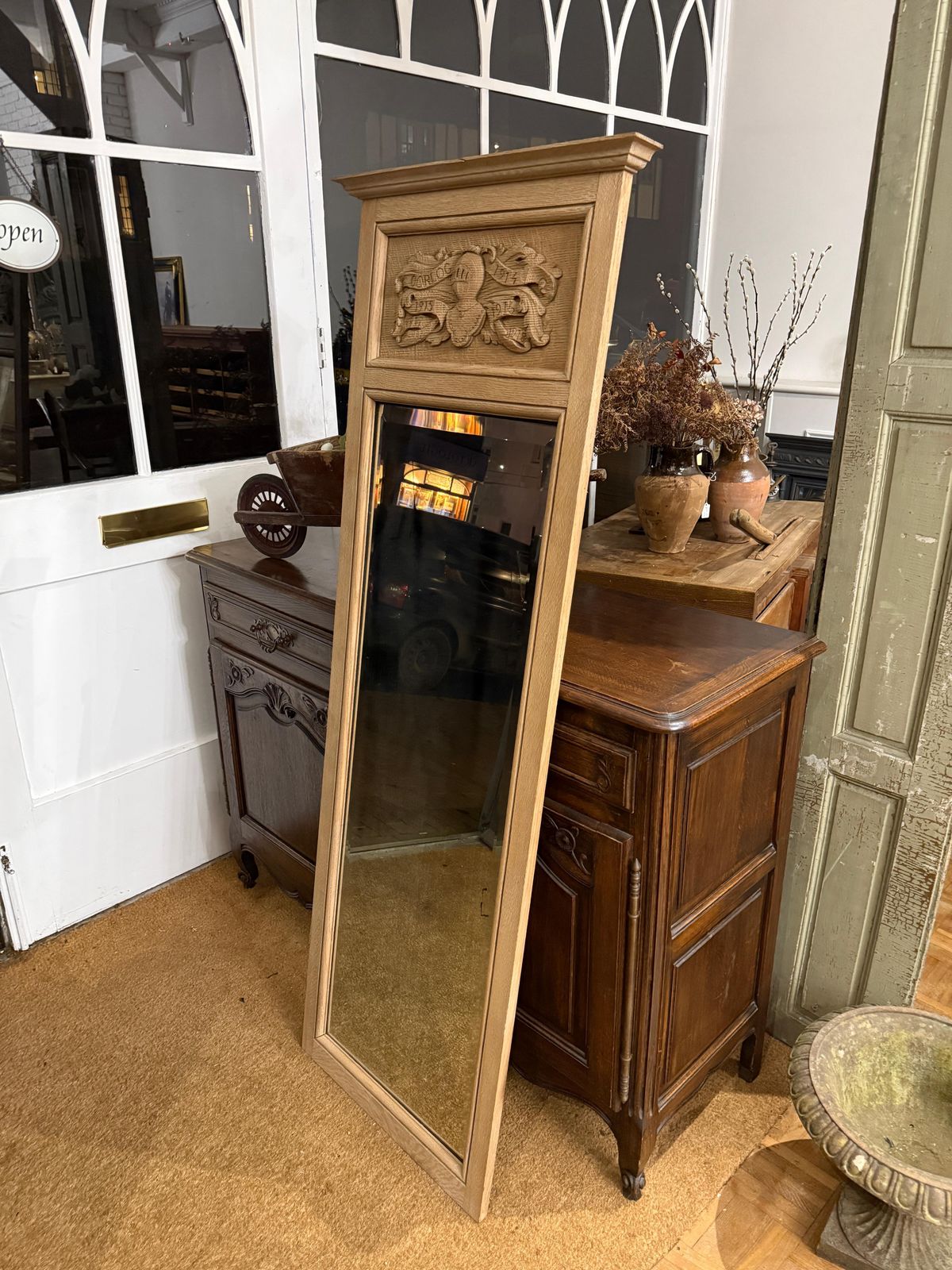 Tall Antique French Trumeau Mirror With Raw Oak Frame photo vinterior