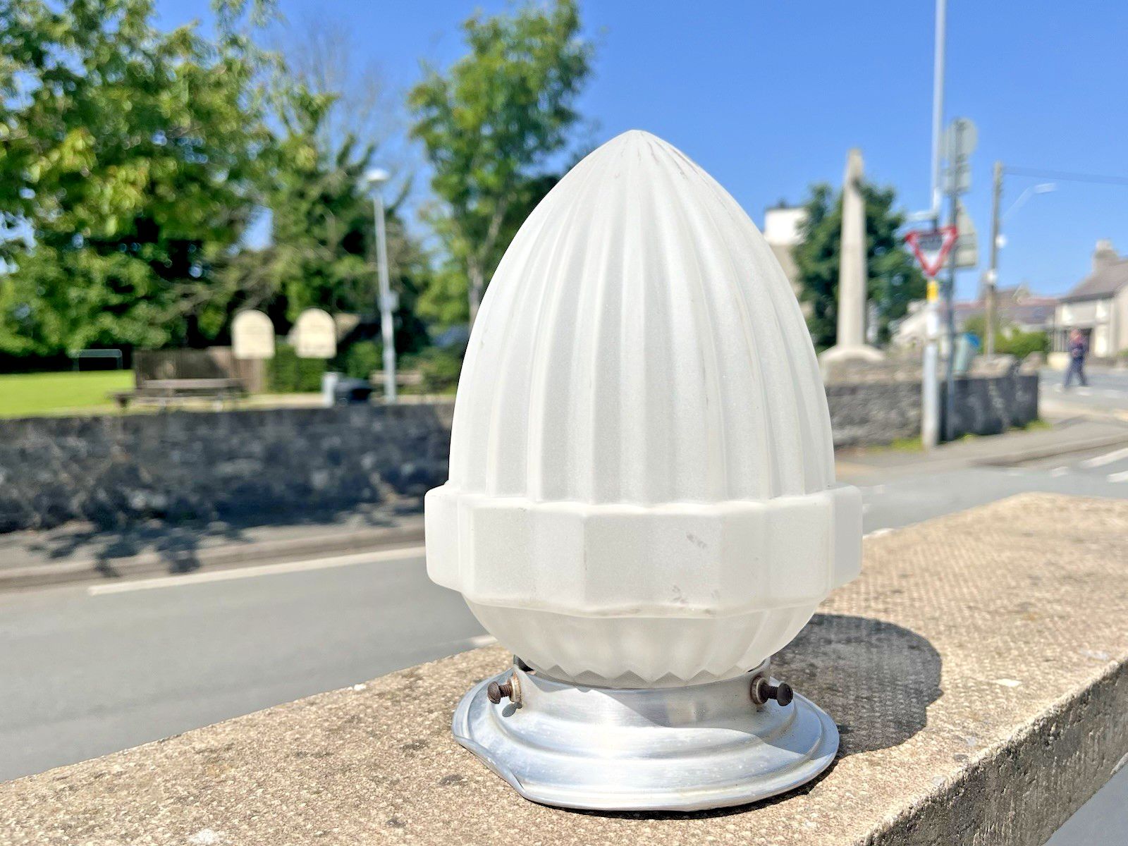 French Art Deco 30's Frosted Fluted Geometric Glass Lamp Shade & Chrome Gallery photo Lighting
