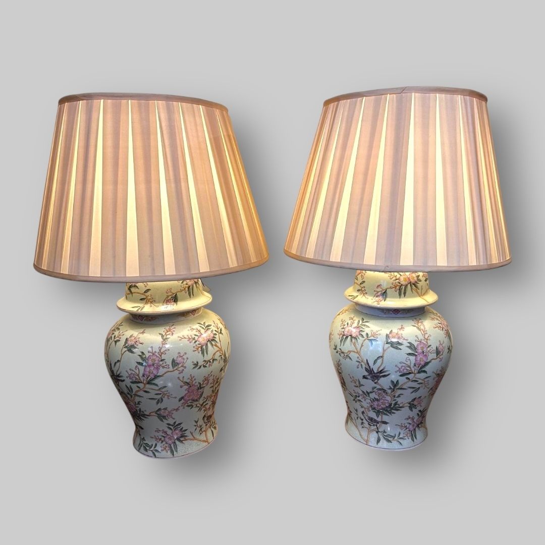 Pair Of India Jane Chinoiserie Table Lamps With Silk Shades