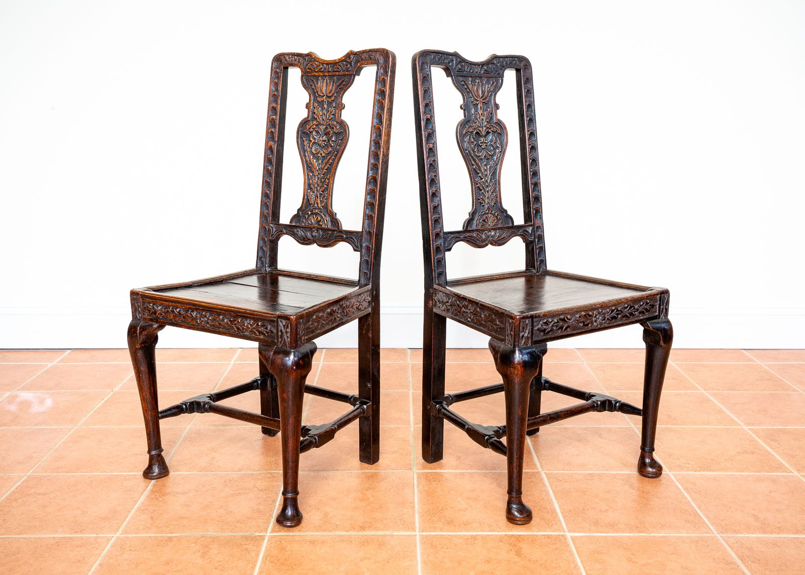 Pair Of Jacobean Carved Hall Chairs Oak 1620 Antique Country House Chairs Primitive Baronial Side Dining Chairs photo for sale