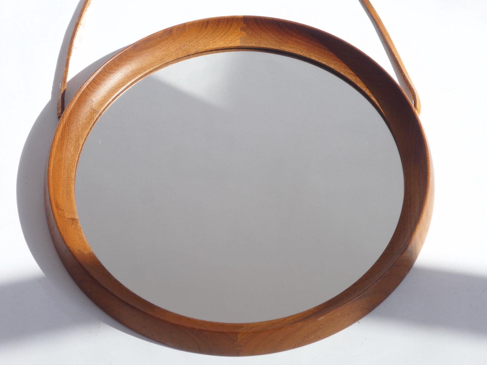Mid Century Round Teak Mirror With Leather Cord, Scandinavian Modern Wooden Wall Mirror, Danish Design photo for sale