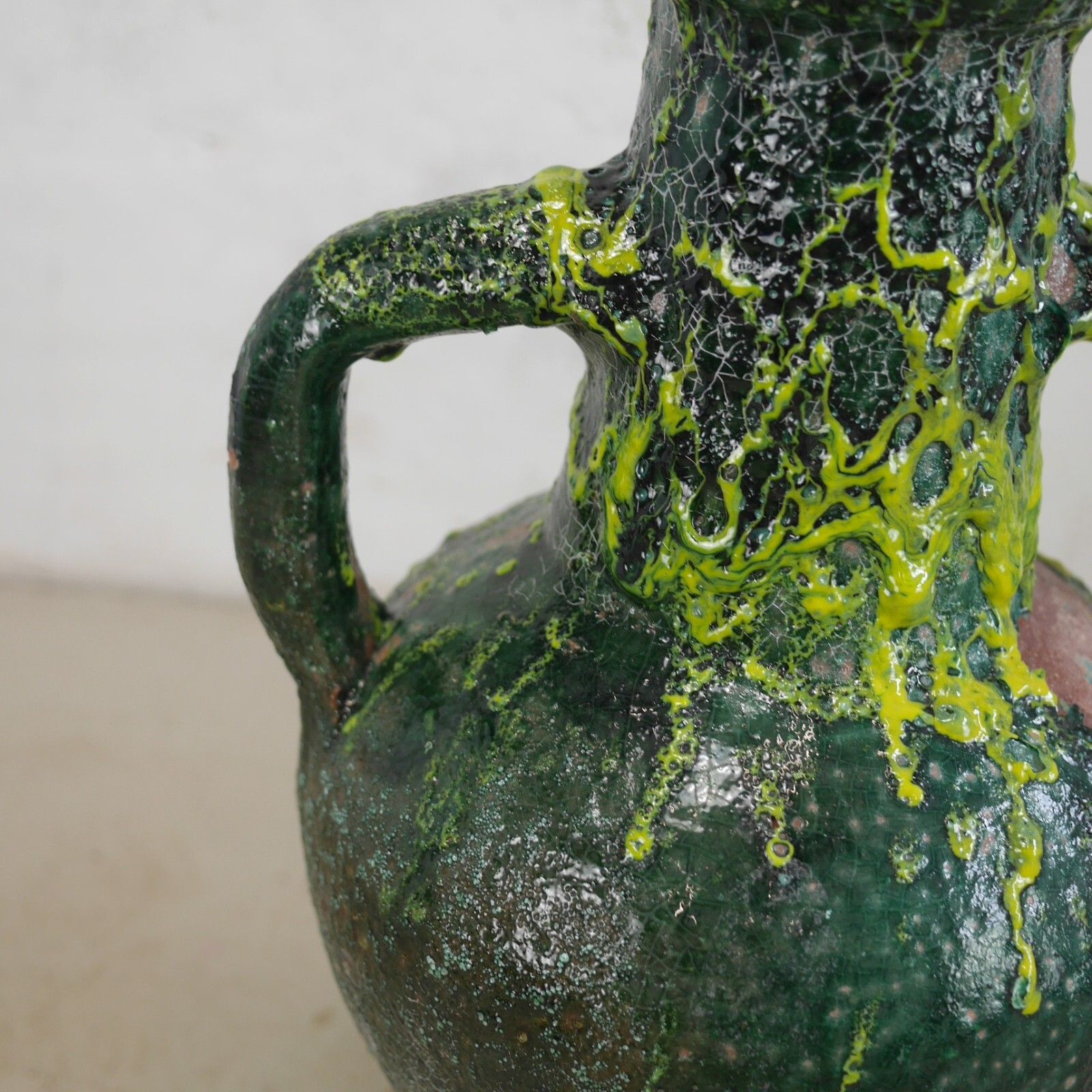 Terracotta Green Fat Lava Glazed Olive Jar Rustic Vase Urn Pot Amphora #102926 photo vintage