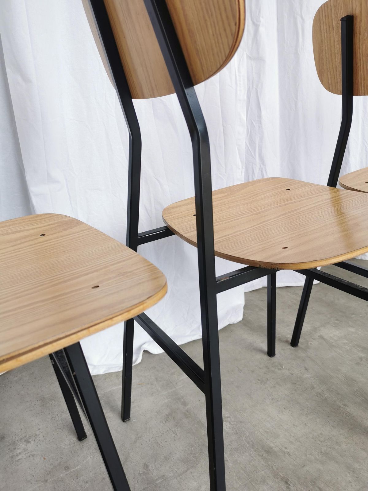 photo furniture Set Of 4 Vintage School Chairs / Retro Light Brown Wooden Dining Chair / Metal Base / Stol Kamnik Yugoslavia 1970s / Mid Century Dine Bistro