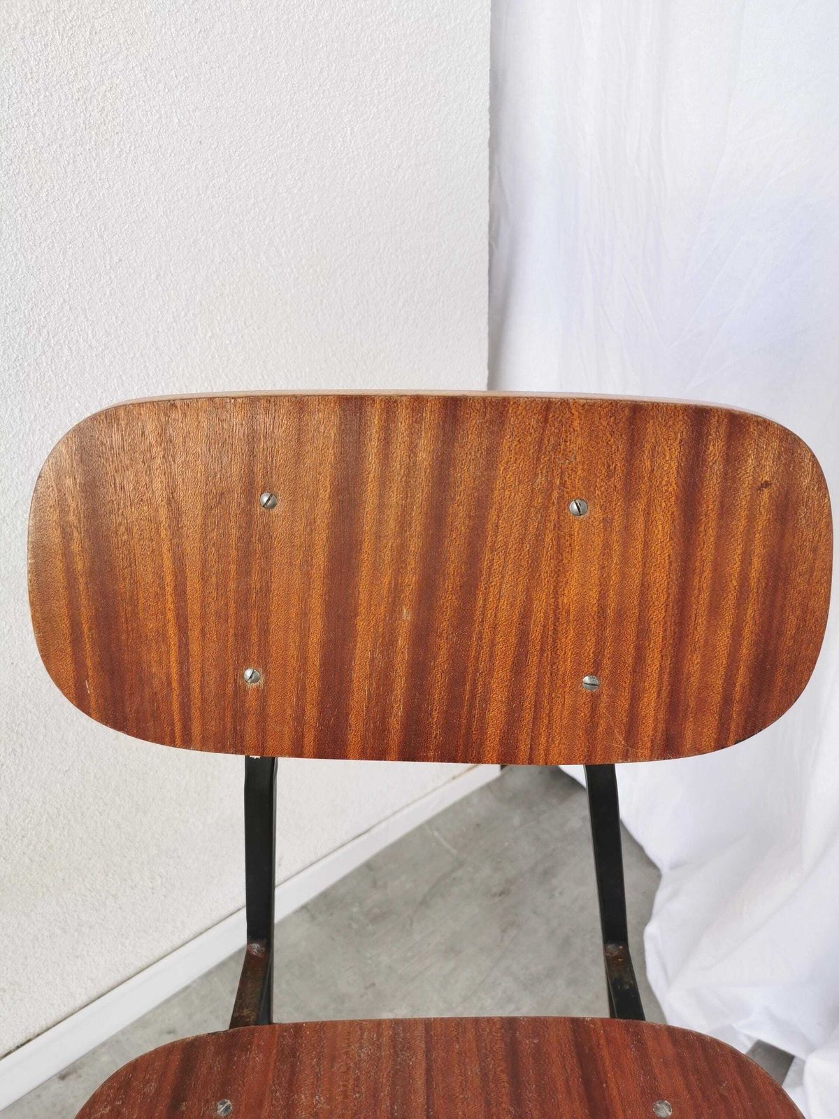 Vintage School Chair / Retro Dining Chair By Stol Kamnik / 1970s Yugoslavia / Industrial Brown Wood And Black Metal Base photo vinterior