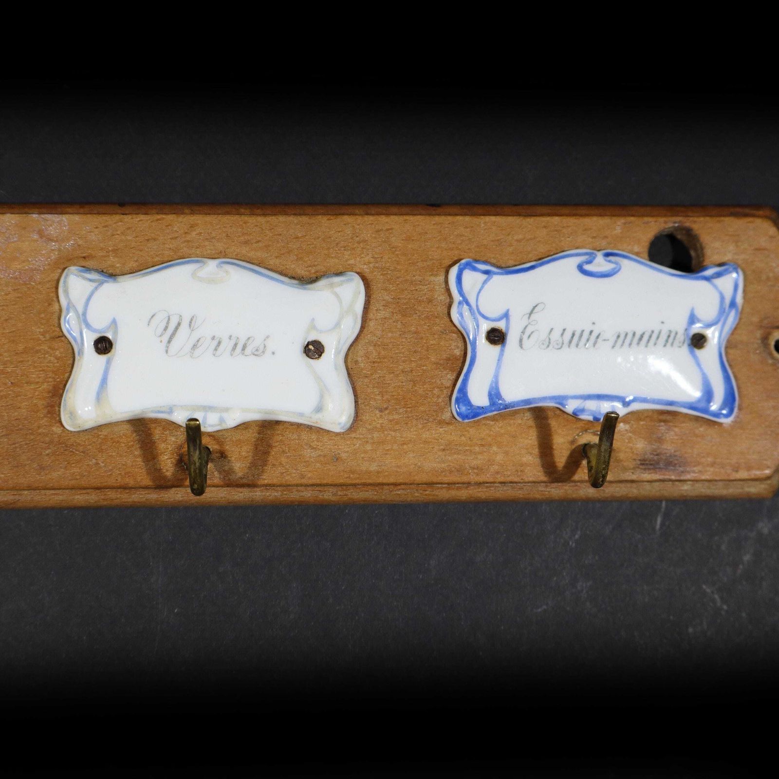 French Antique Towel Holder Wood Tea Towel Holder With 4 Hooks And Porcelain Signs, French Country Kitchen photo vinterior
