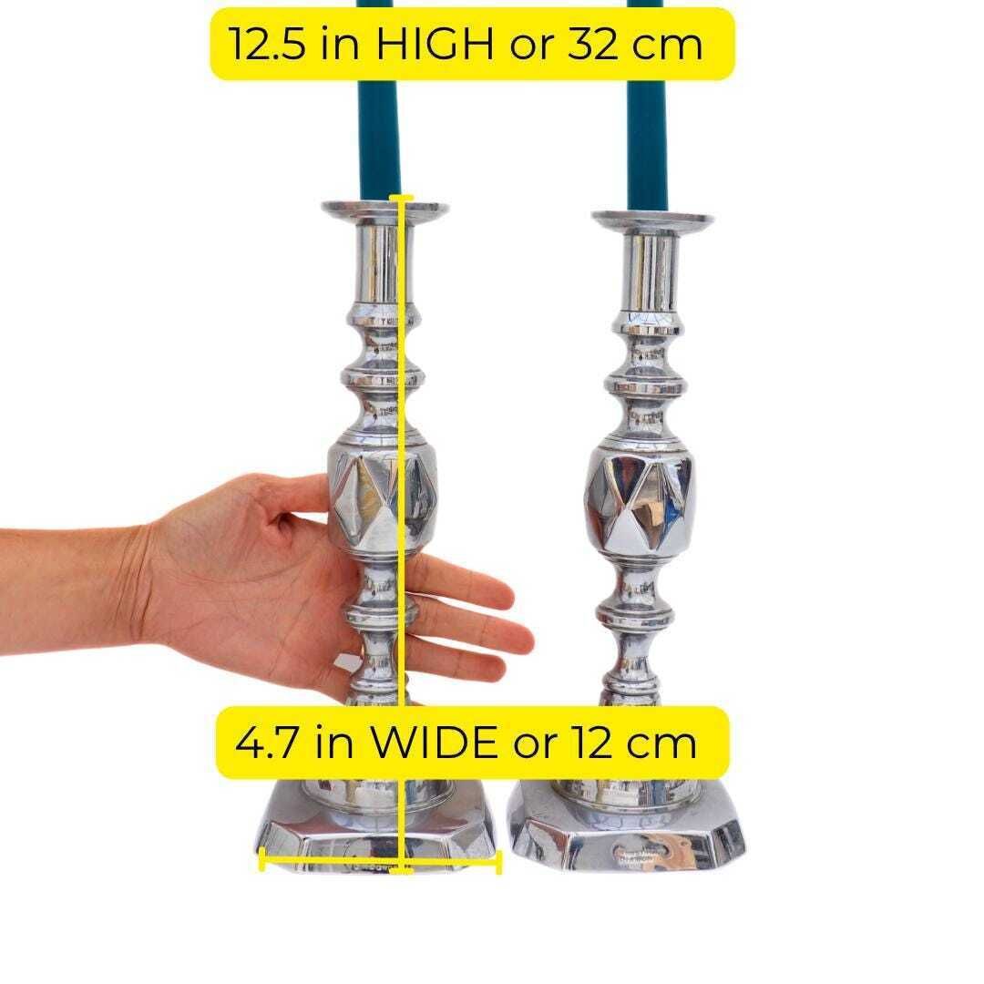 Large And Chunky Pair Of Chromed Plated King Of Diamonds Brass Candlesticks Pair H 32 Cm photo for sale
