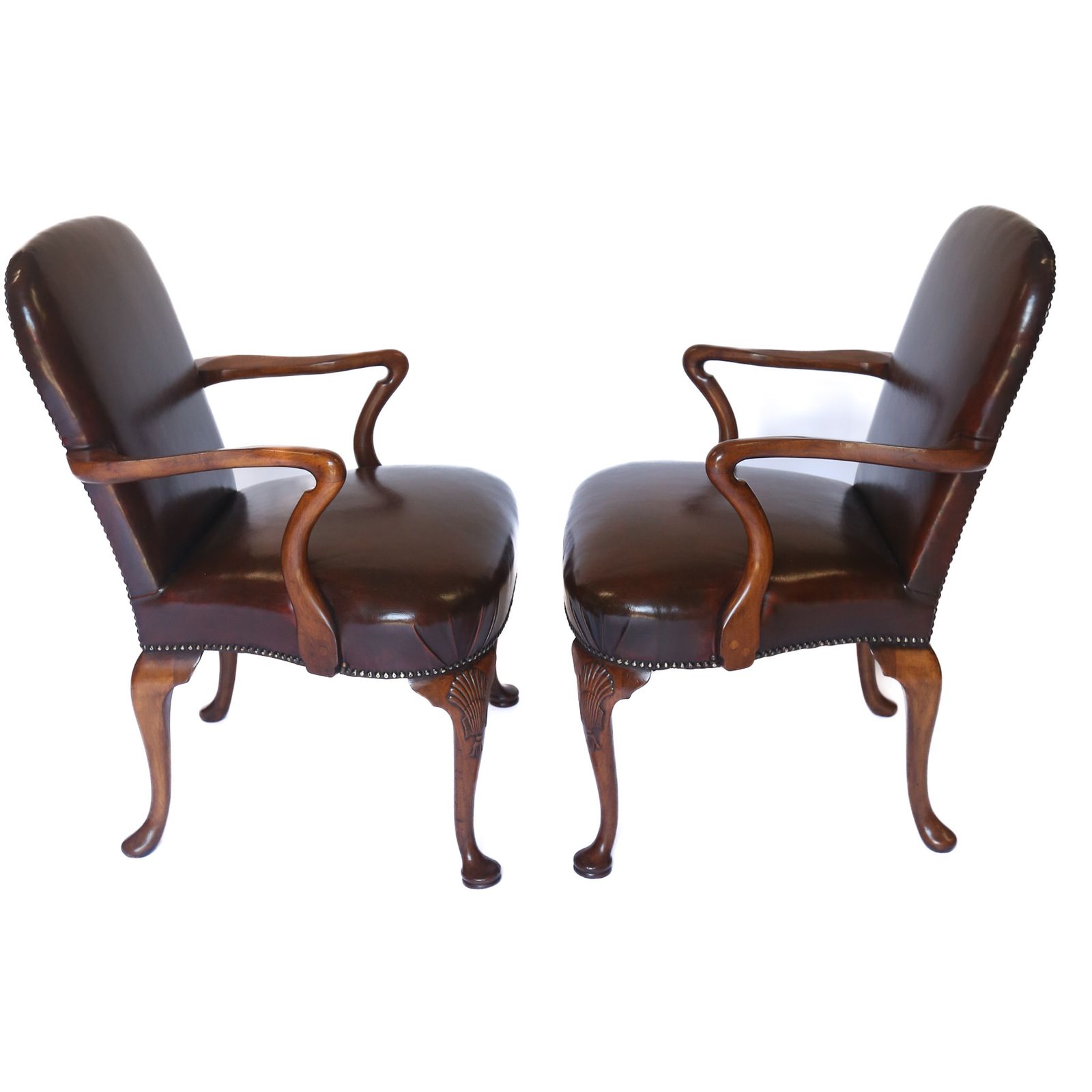 Pair Georgian Revival Walnut & Leather Open Elbow Chairs Circa 1920s photo Furniture