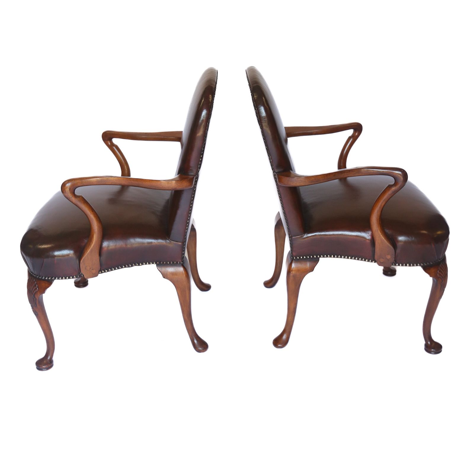 Pair Georgian Revival Walnut & Leather Open Elbow Chairs Circa 1920s photo 1350.0