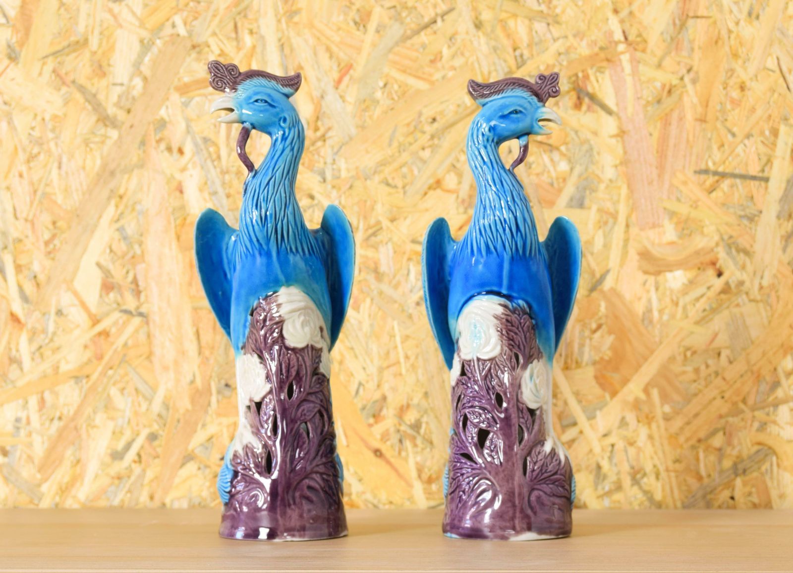 Pair Of Turquoise Porcelain Foo Peacocks Mid Century Chinise 1950s photo for sale