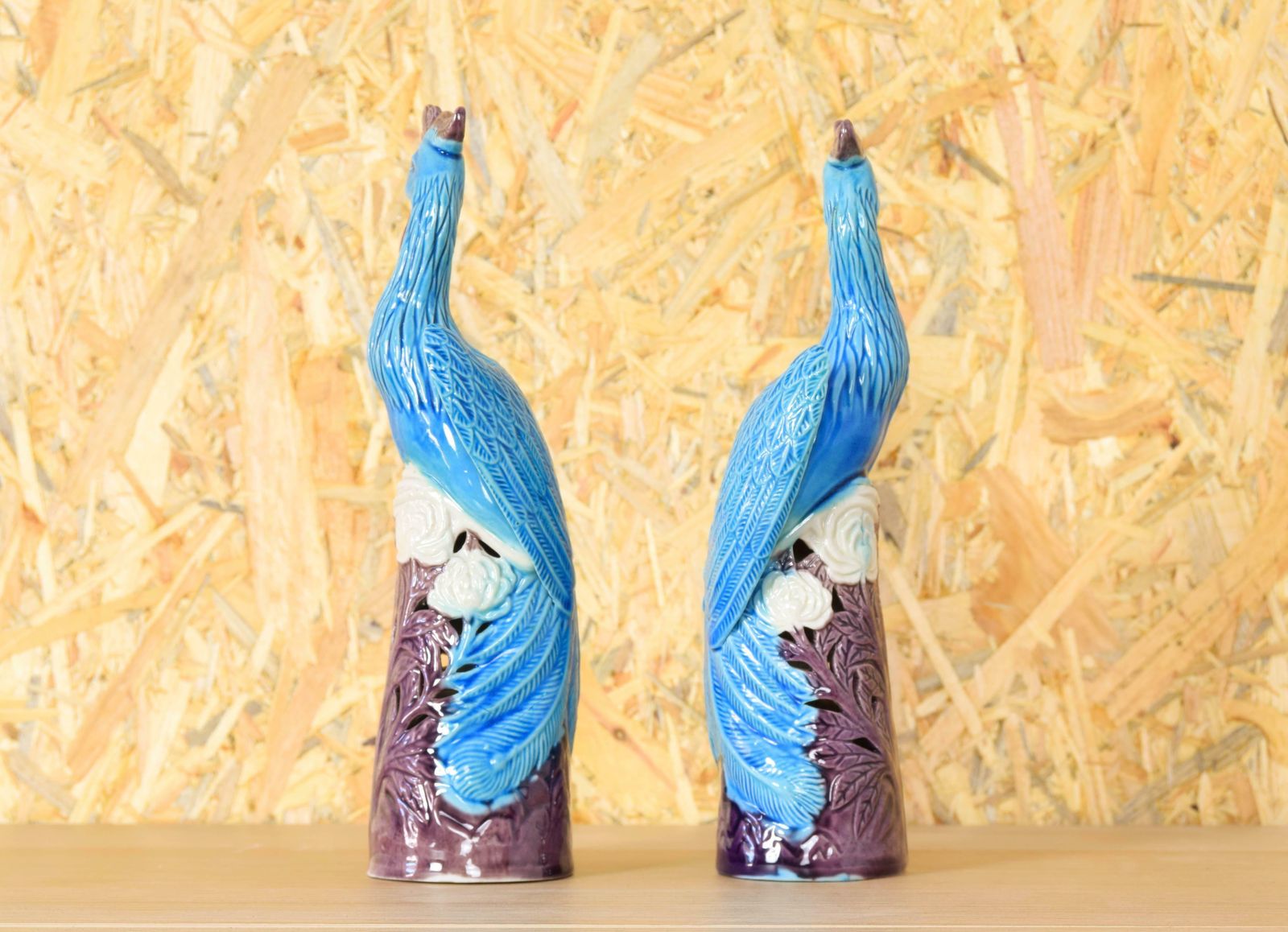 Pair Of Turquoise Porcelain Foo Peacocks Mid Century Chinise 1950s photo Art