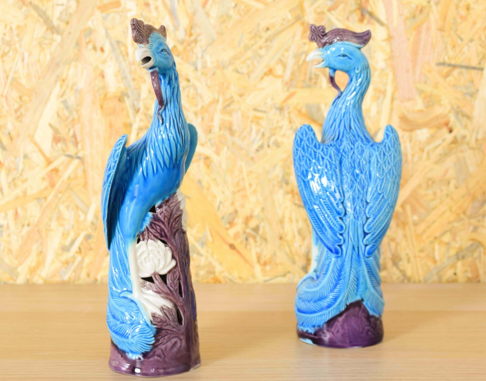 Pair Of Turquoise Porcelain Foo Peacocks Mid Century Chinise 1950s photo vinterior