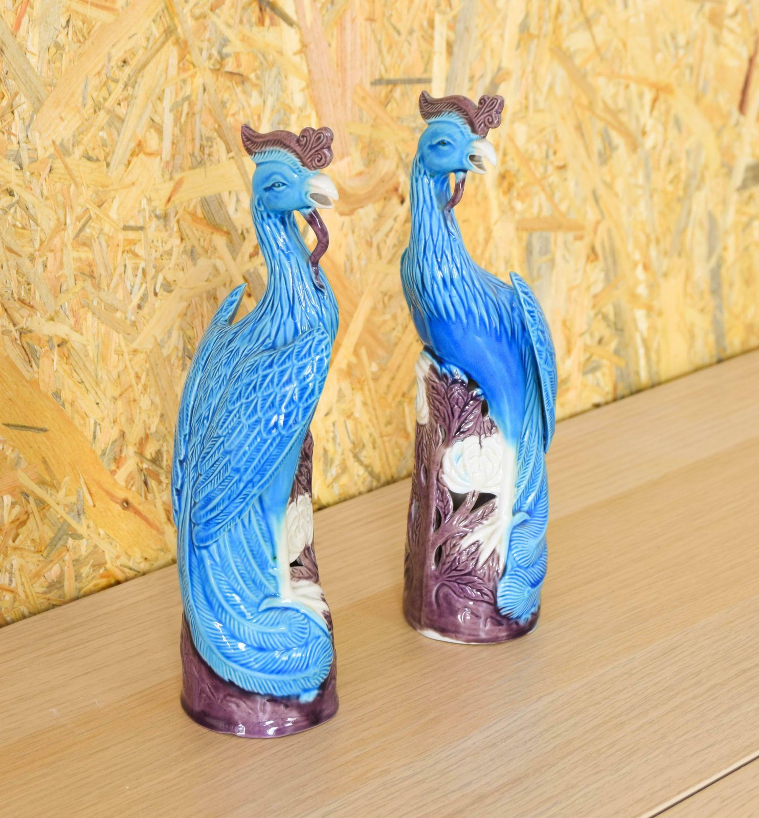 Pair Of Turquoise Porcelain Foo Peacocks Mid Century Chinise 1950s photo buy