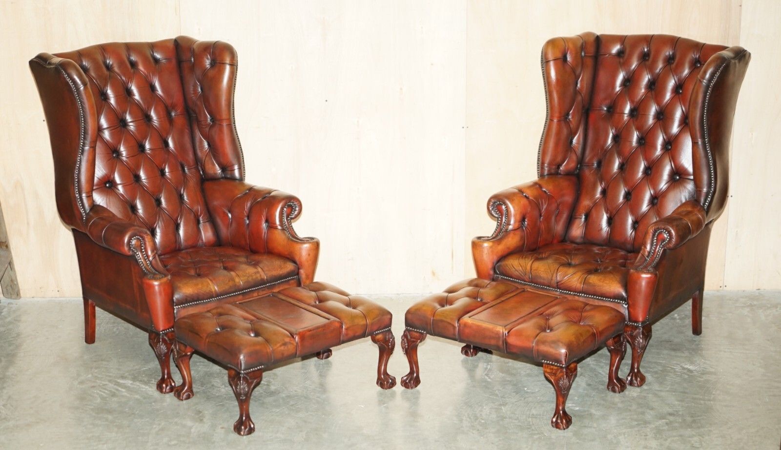 Pair Of Fully Restored Chesterfield Claw & Ball Feet Wingback Armchairs & Stools photo furniture