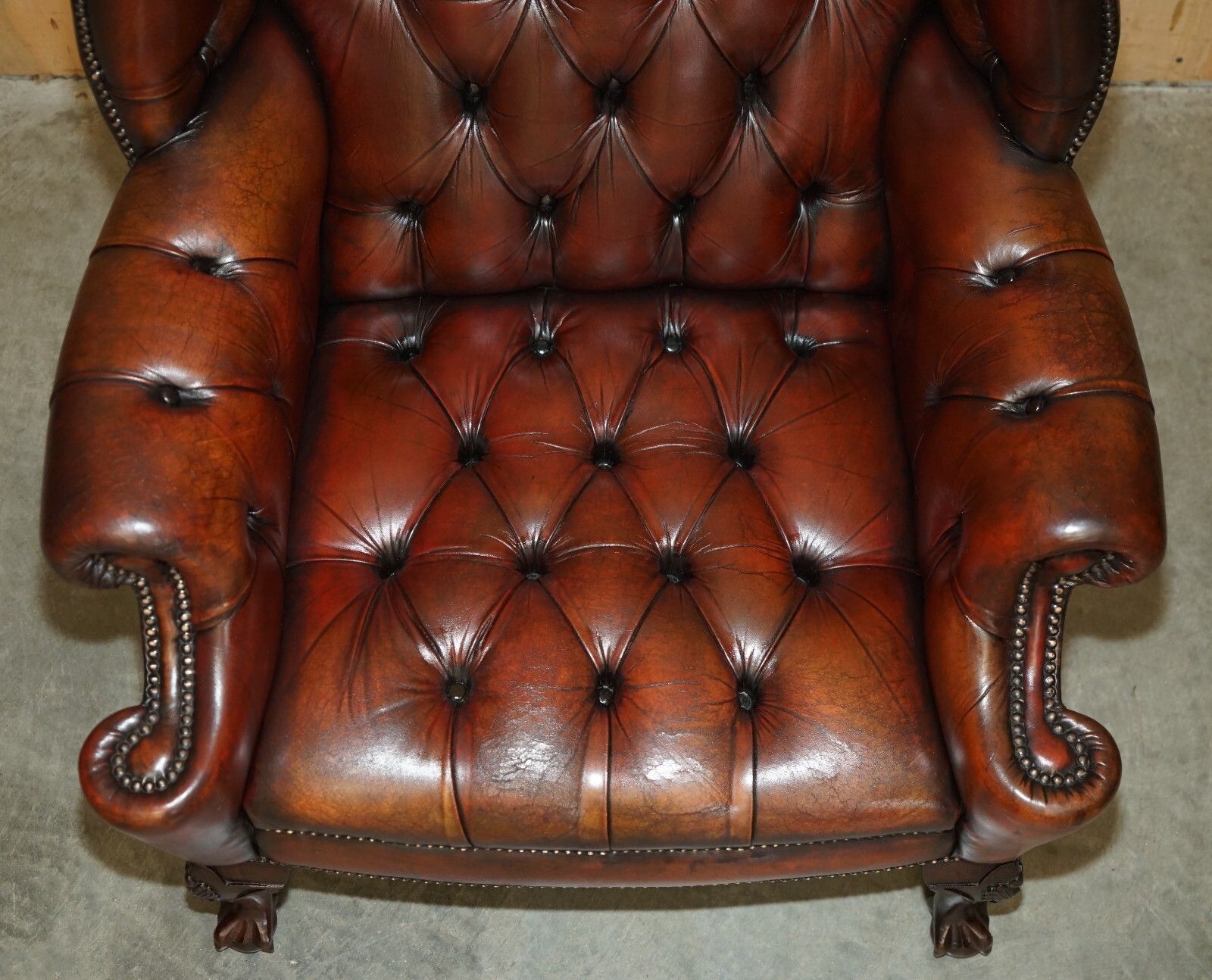 Pair Of Fully Restored Chesterfield Claw & Ball Feet Wingback Armchairs & Stools photo buy