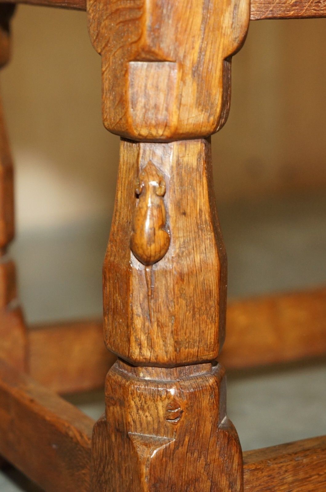 Important 1930's Burr Oak Robert Mouseman Thompson Stool With Period Curved Top photo furniture