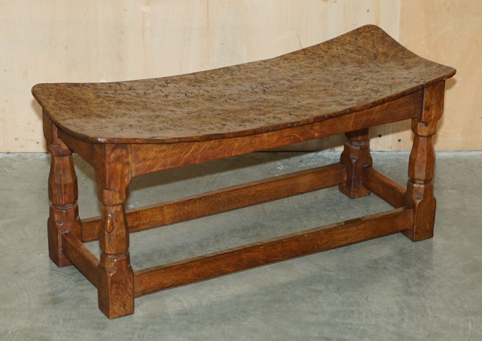 Important 1930's Burr Oak Robert Mouseman Thompson Stool With Period Curved Top photo for sale