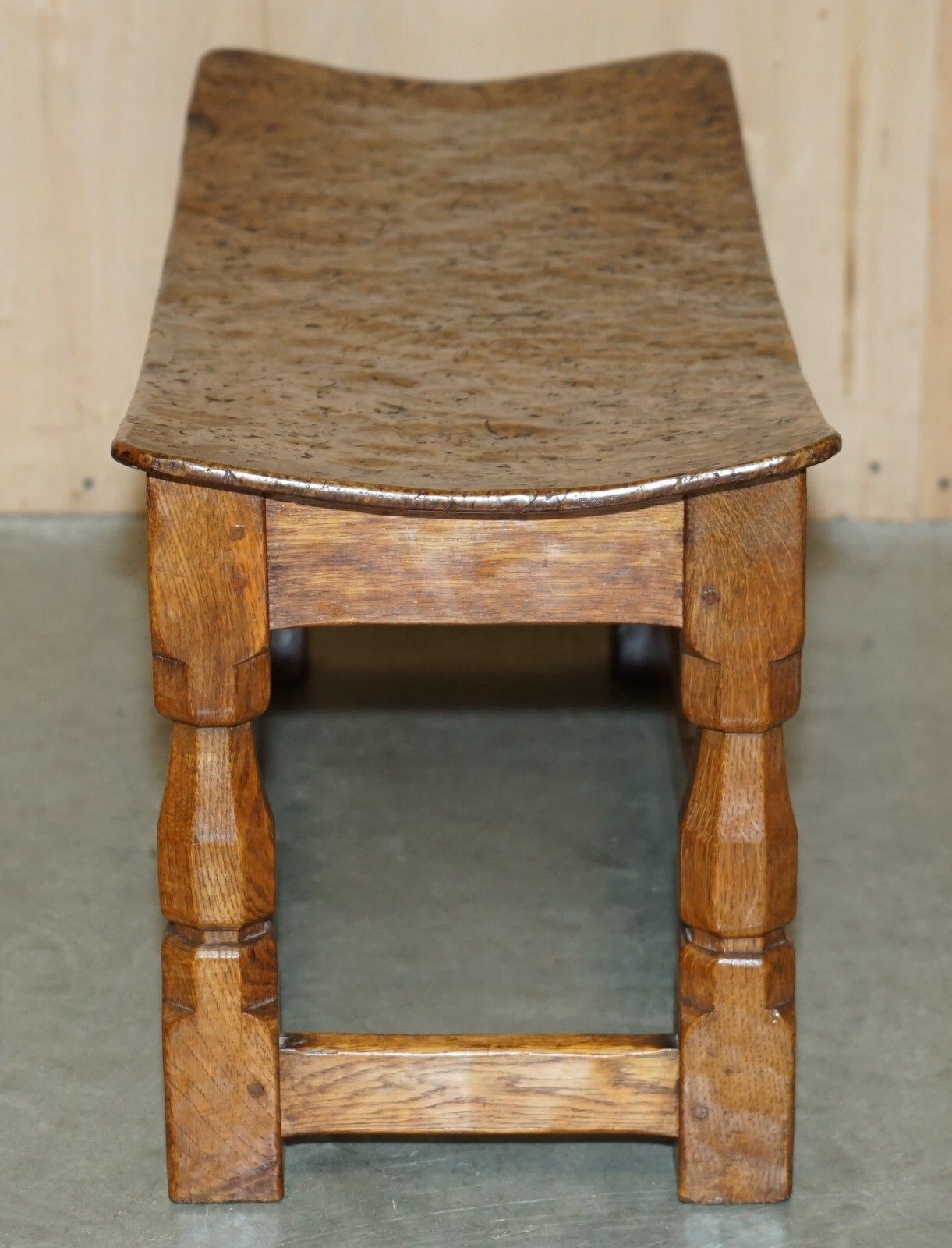 photo vintage Important 1930's Burr Oak Robert Mouseman Thompson Stool With Period Curved Top