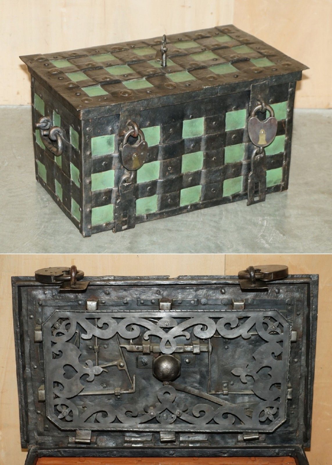 Fine Early 17th Century German Wrought Iron Safe Chest Trunk With Original Key
