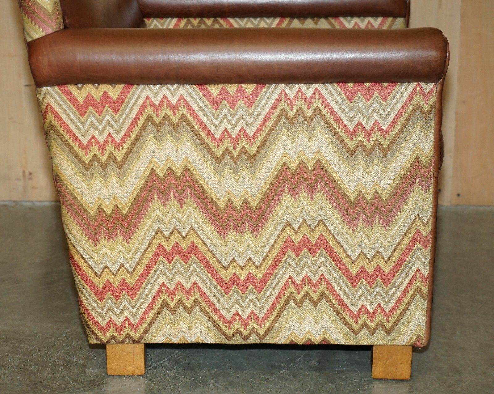 photo buy Pair Of Andrew Martin Marlborough Brown Leather Reversible Kilim Armchairs