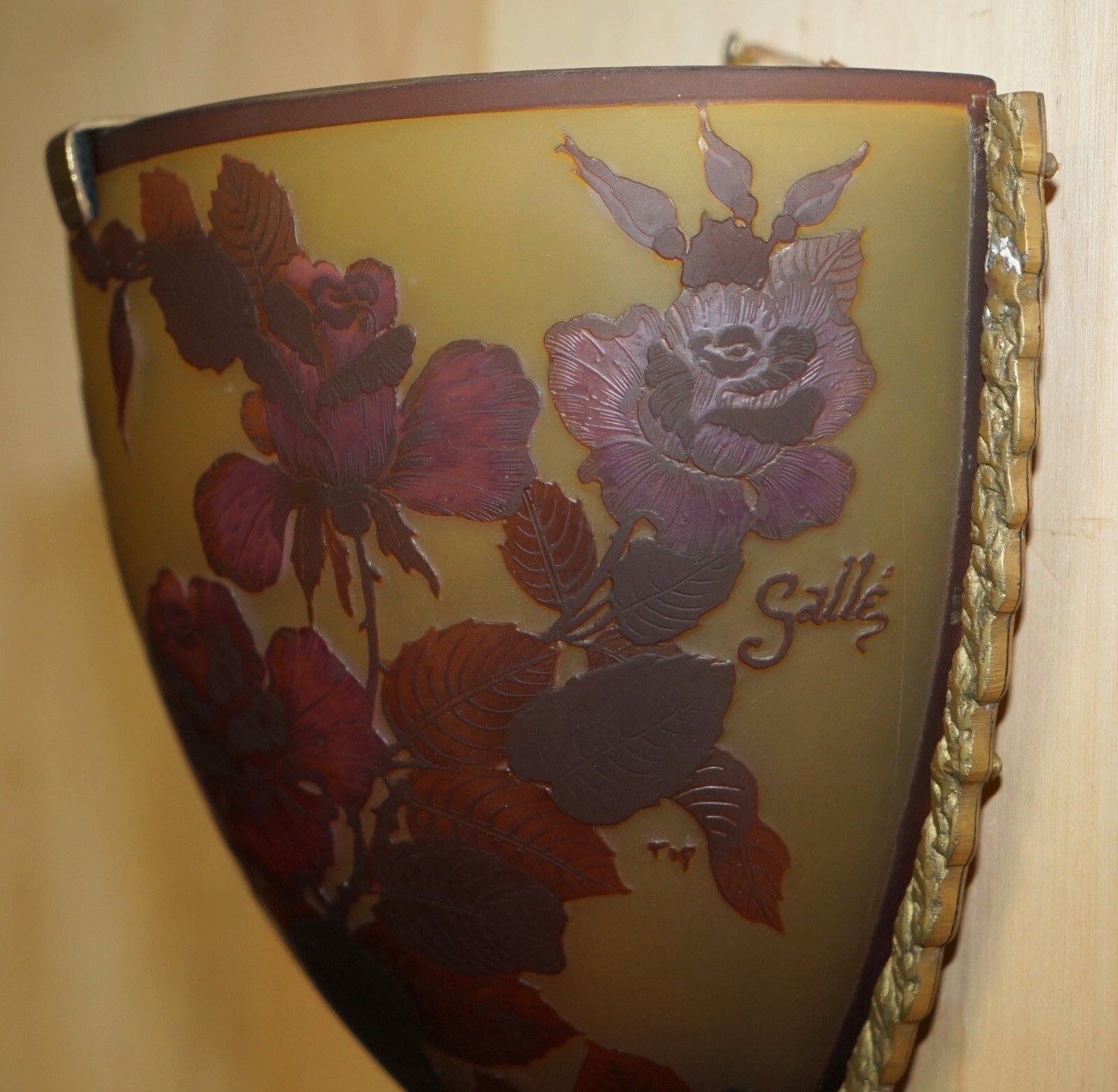 Four Original French Emile Galle Cameo Glass & Brass Wall Mounted Sconces Lights photo vinterior
