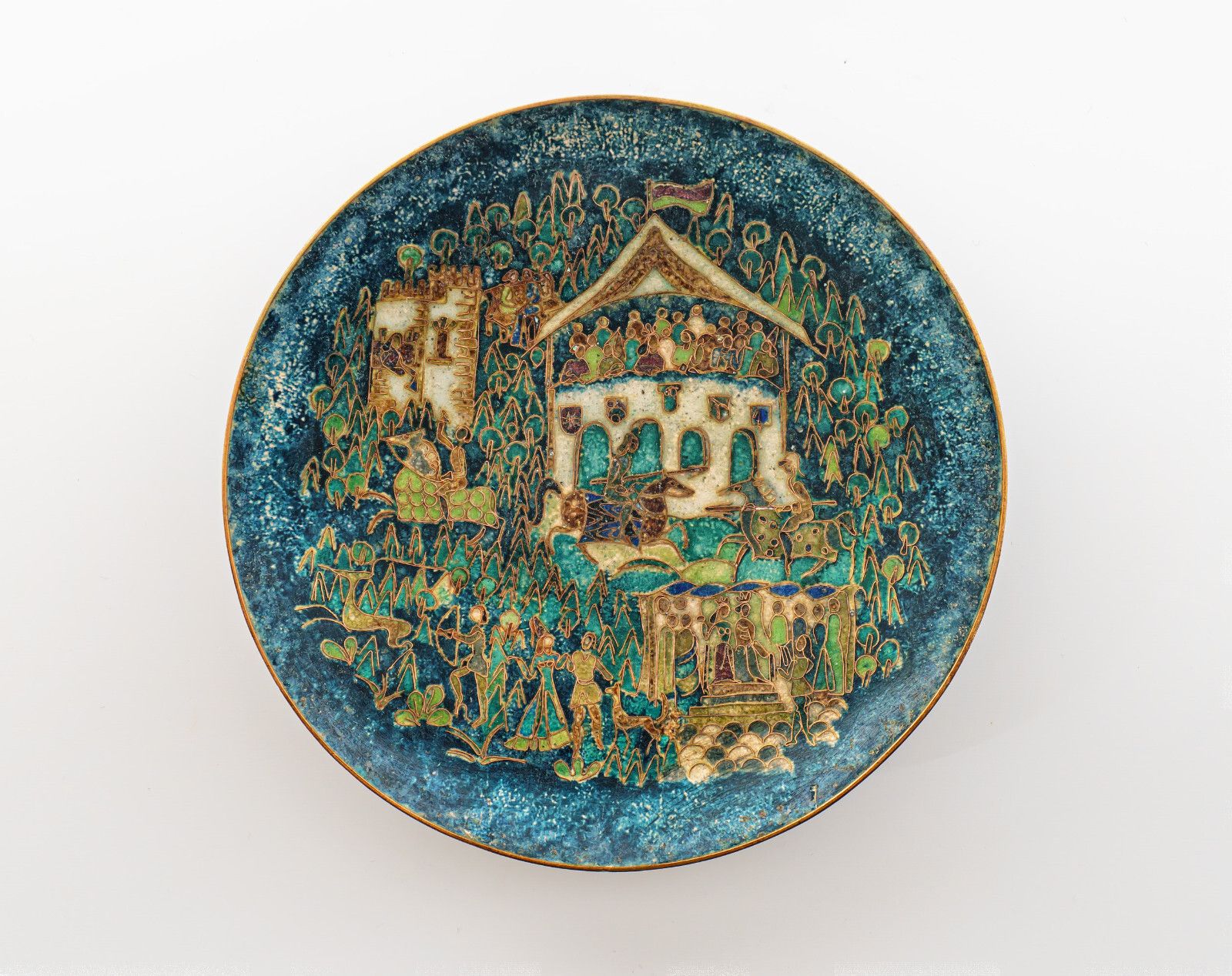 1970s Walter Lochmuller Fine Abstract Medieval Jousting Cloisonne Enamel Dish