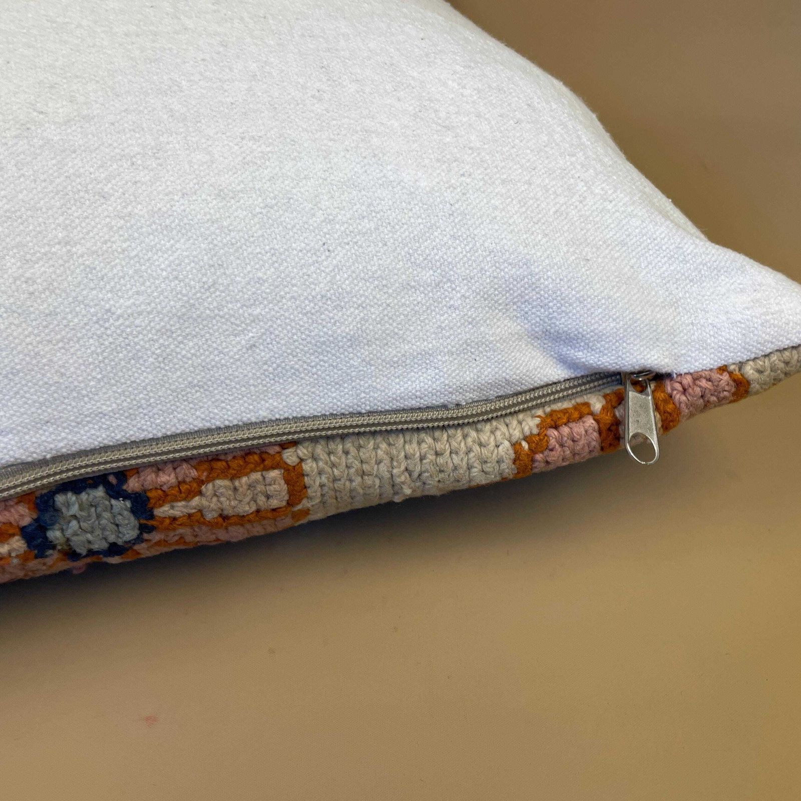 Moroccan Carpet Cushion Antique Kilim Pillow Feather Handmade 48x45cm Floral Feather Filled Handwoven Beige Traditional Rectangle Vintage photo vinterior