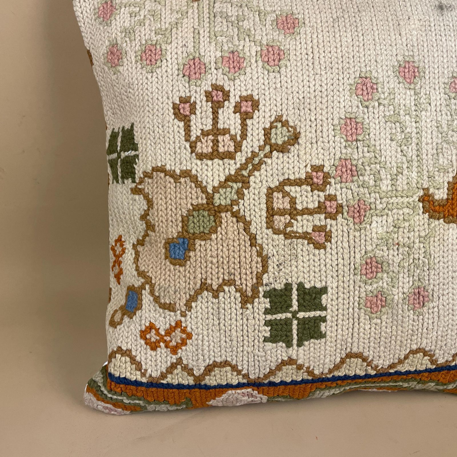 Moroccan Carpet Cushion Antique Kilim Pillow Feather Handmade 48x48cm Floral Bird Feather Filled Handwoven Beige Traditional Square Vintage photo for sale