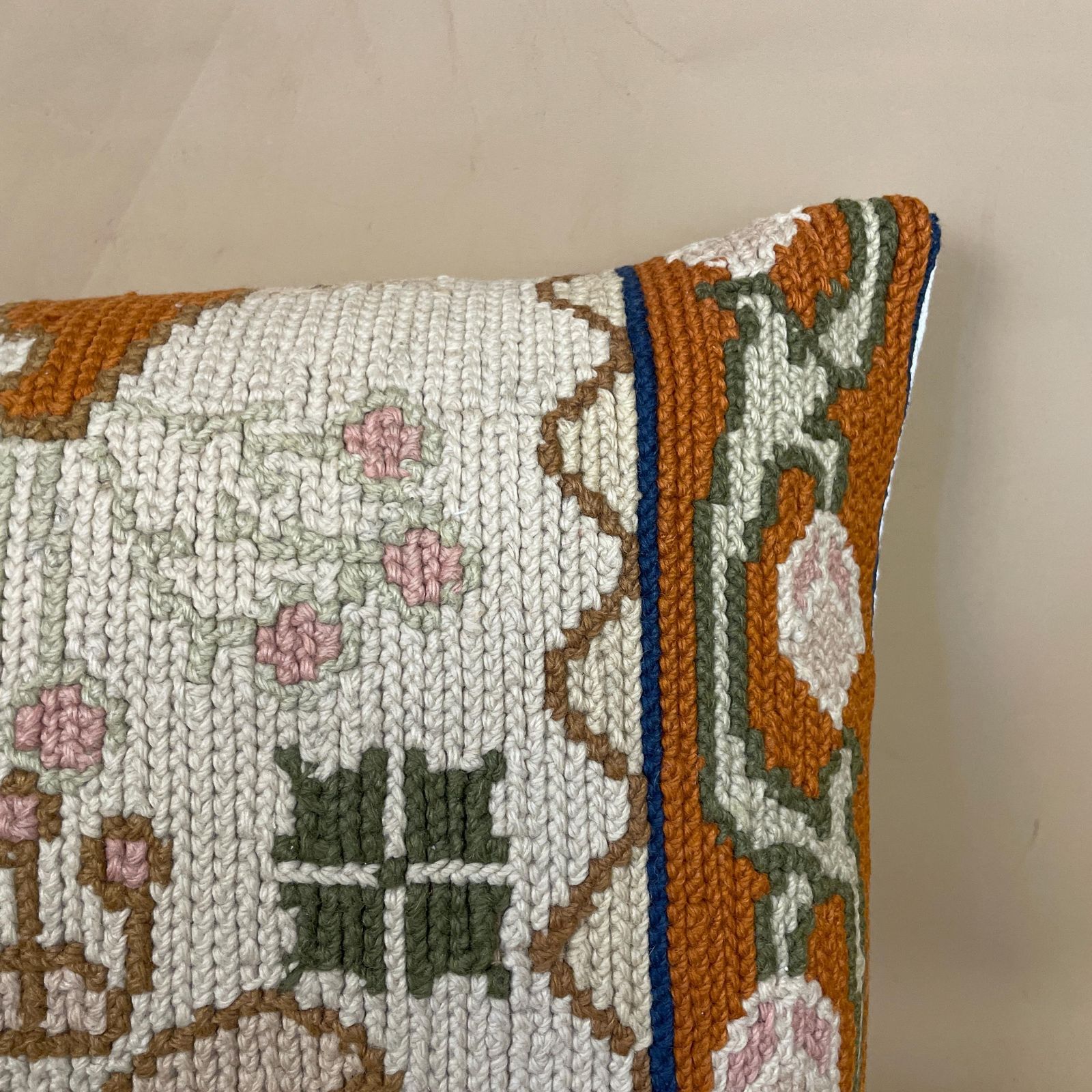 Moroccan Carpet Cushion Antique Kilim Pillow Feather Handmade 50x38cm Floral Feather Filled Handwoven Beige Traditional Rectangle Vintage photo furniture