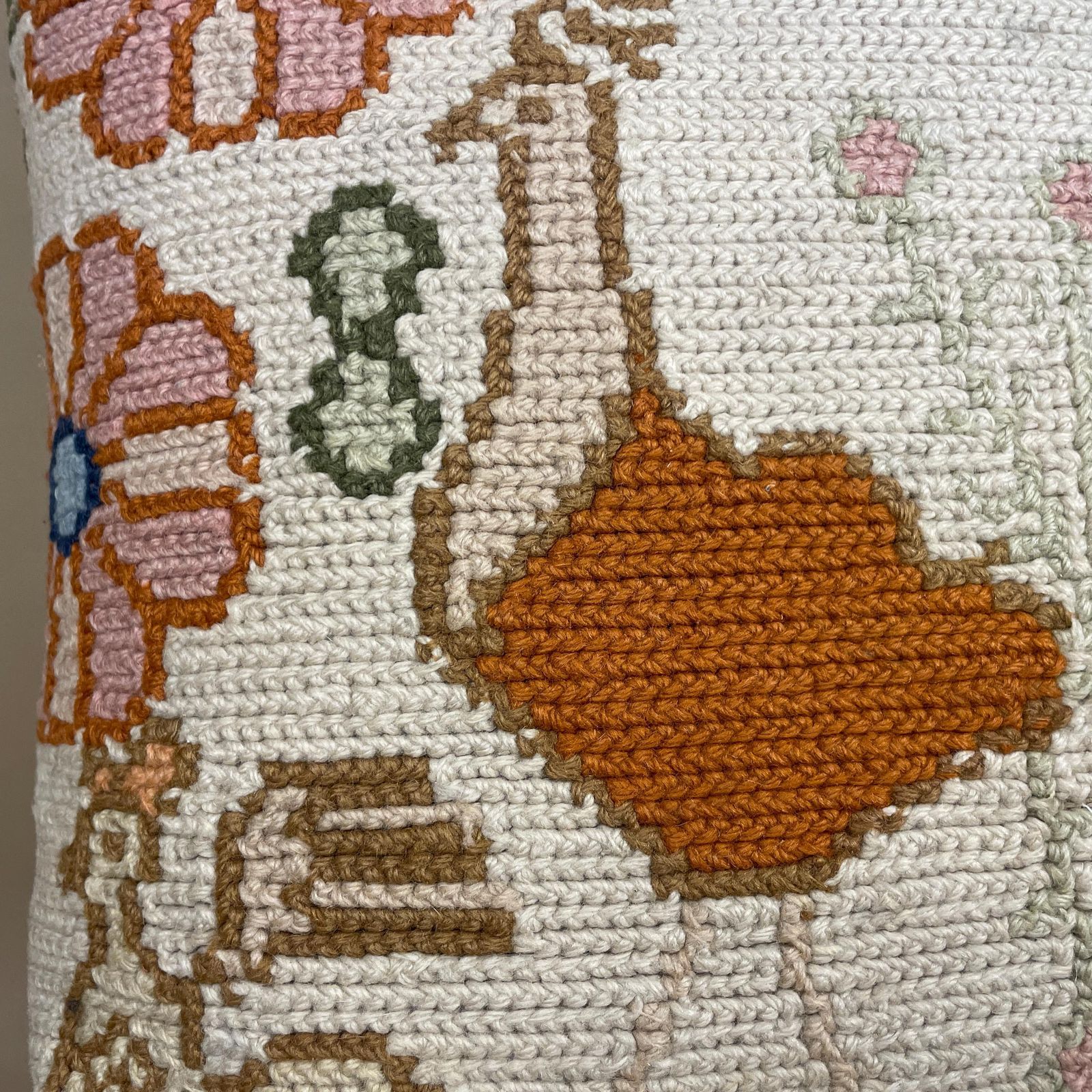 Moroccan Carpet Cushion Antique Kilim Pillow Feather Handmade 48x48cm Floral Bird Feather Filled Handwoven Beige Traditional Square Vintage photo for sale