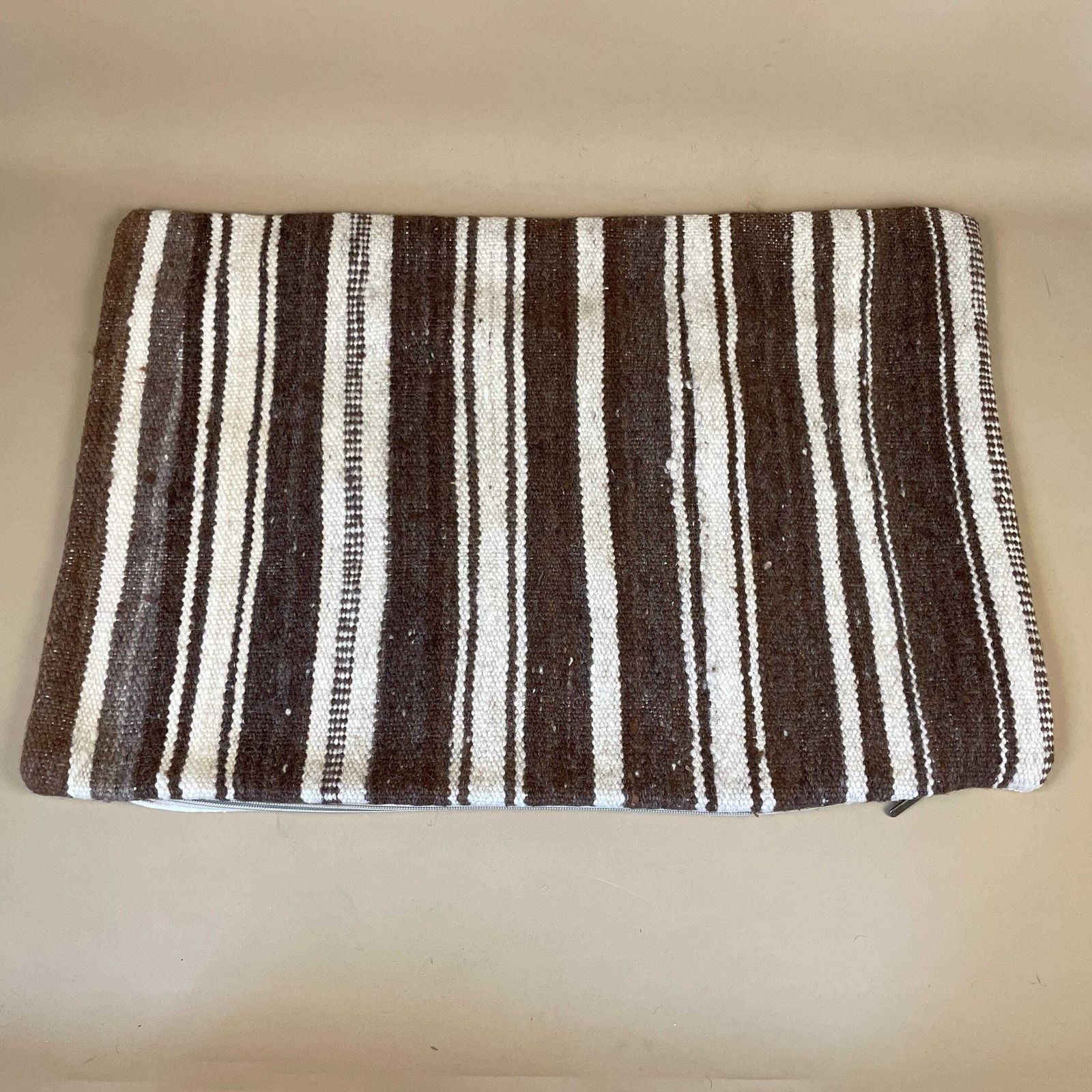Moroccan Kilim Cushion Carpet Pillow Feather Handmade 60x40cm Striped Feather Filled Handwoven Brown Beige Traditional Rectangle photo vintage