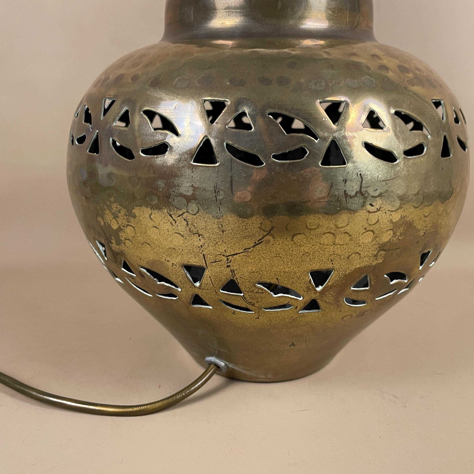 Antique Metal Indian Gold Brass Lamp Light Bedside Side Table Desk Ornate Detail Round Ball Vintage Hammered Patterned Lamps India Medium photo Lighting