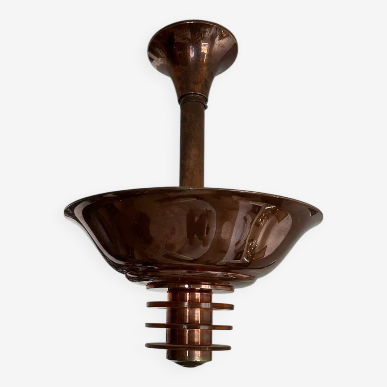 Vintage Modernist Chandelier, Copper And Glass, France 1930