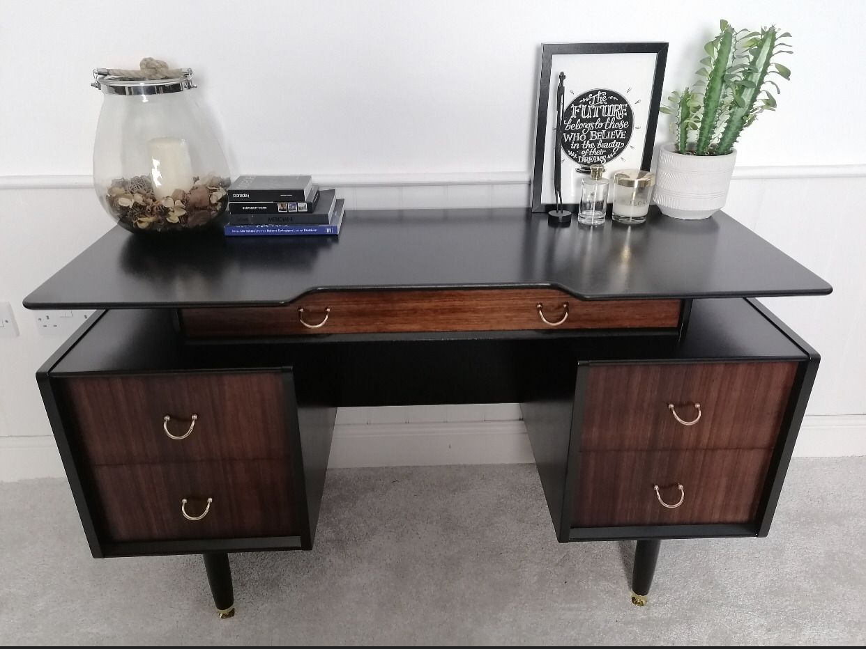 Mid Century Upcycled Painted Dressing Table For New Home Black And Gold Furniture For Bedroom Office