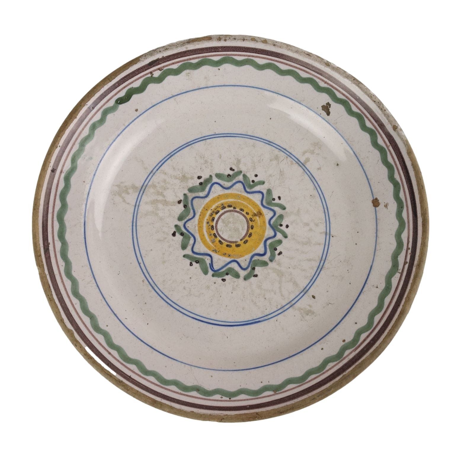 Assiette en majolique d'époque, décors polychromes, Italie, XVIIIe siècle