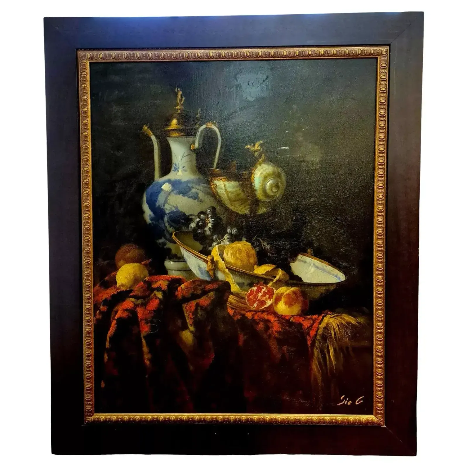 photo furniture Still Life With Porcelain And Black Grapes Signed By Artist Sie G, 1997