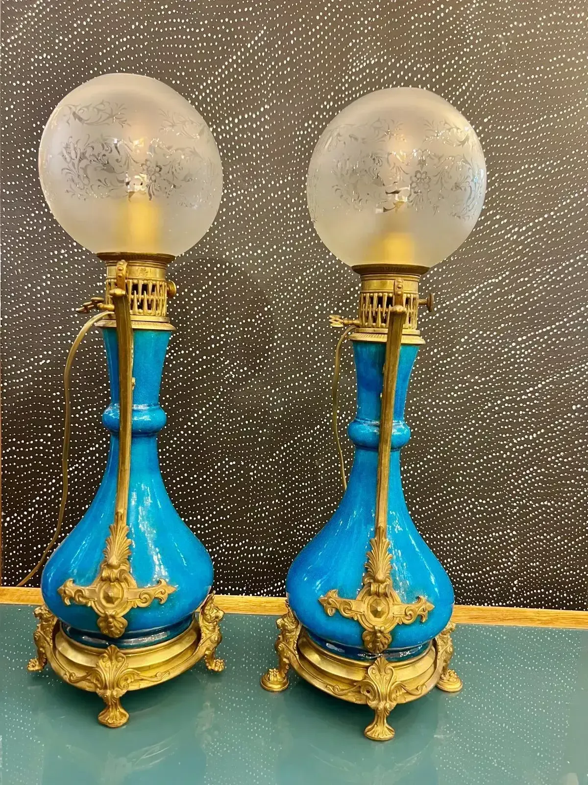 Pair Of Blue Glazed Earthenware Lamps In The Théodore Deck Style, 19th Century photo 2592.0