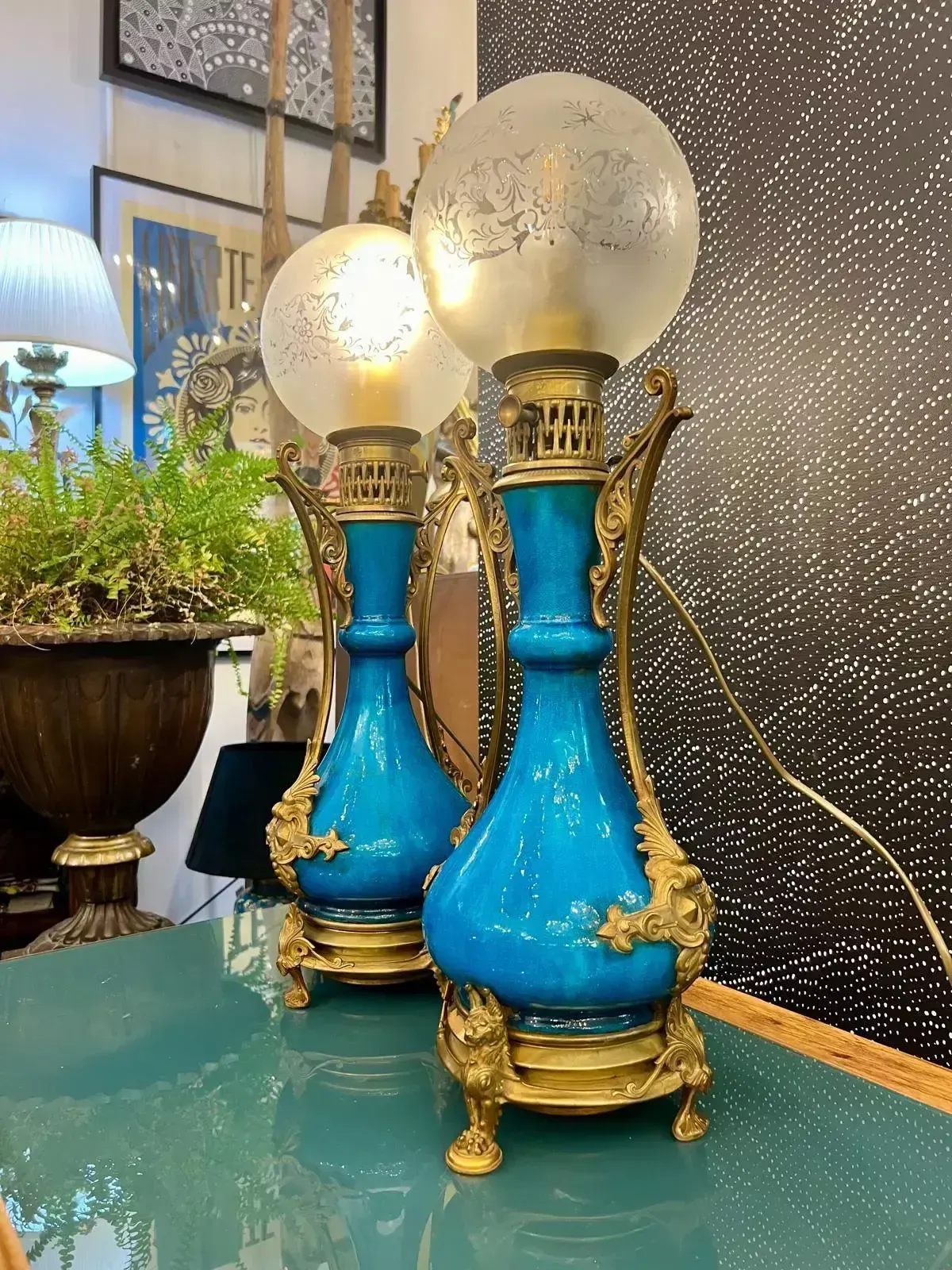 Pair Of Blue Glazed Earthenware Lamps In The Théodore Deck Style, 19th Century photo vinterior