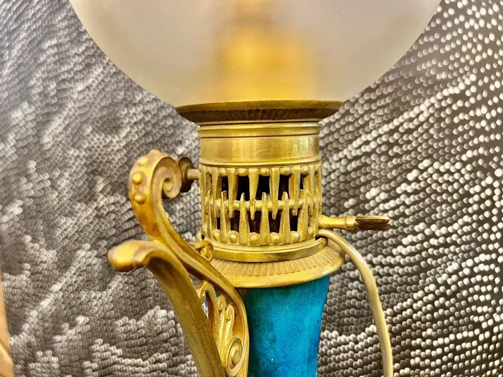 Pair Of Blue Glazed Earthenware Lamps In The Théodore Deck Style, 19th Century photo vintage